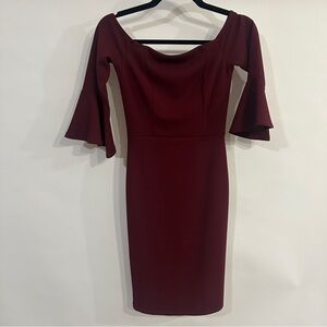 Soprano Off-Shoulder Burgundy Midi Dress with Flounce Sleeves